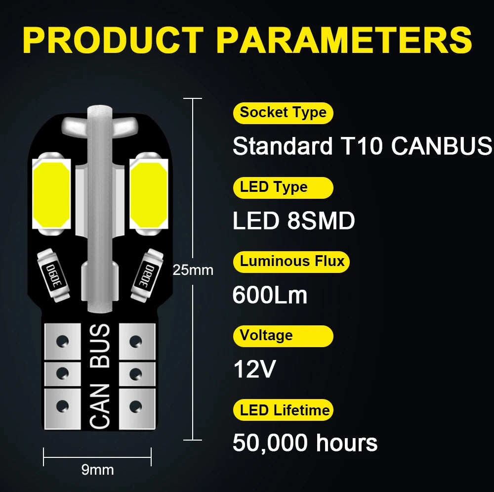 2 bombillas LED para interior de coche T10 blancas 5730 8SMD LED 12 V, luz de cuña lateral para coche, lámpara blanca, bombilla para coche, estilo Canbus, sin errores