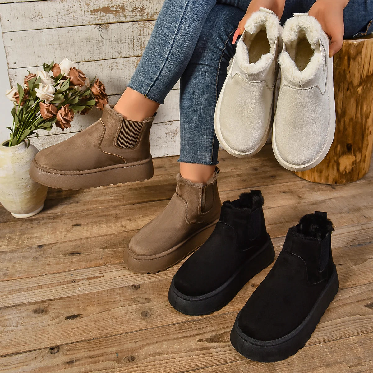 Botas cortas de piel de gamuza-Botas de nieve cálidas de invierno para mujer zapatos casuales